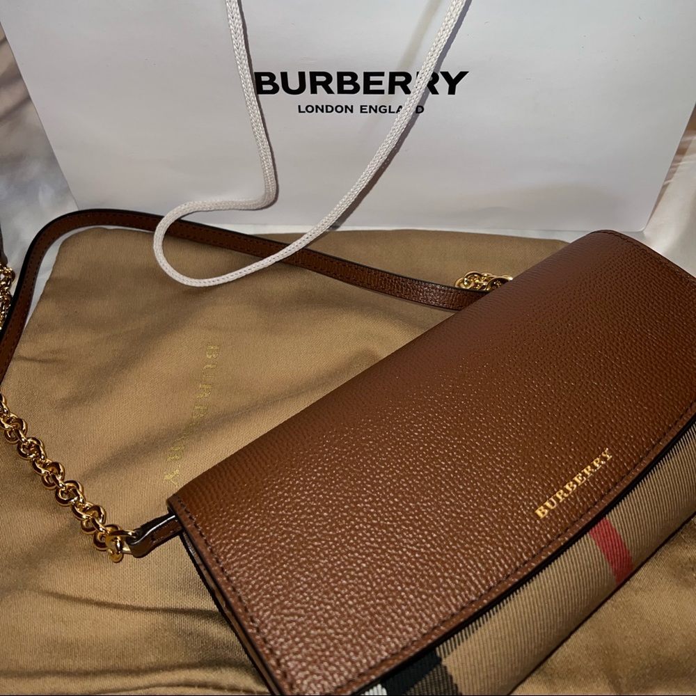 NEW BURBERRY BROWN HENLEY HOUSE CHECK LEATHER CLUTCH CROSSBODY BAG